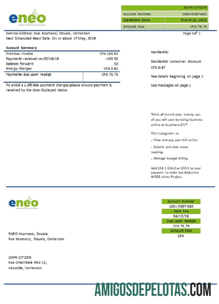 Conta de serviços públicos de eletricidade da ÁREA dos Camarões baixar para verificação